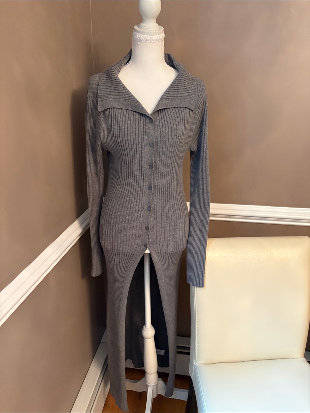 Gray Ribbed Long Button-Front Women's Sweater